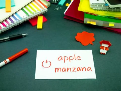 Learning New Language Making Original Flash Cards; Spanish Stock Photos
