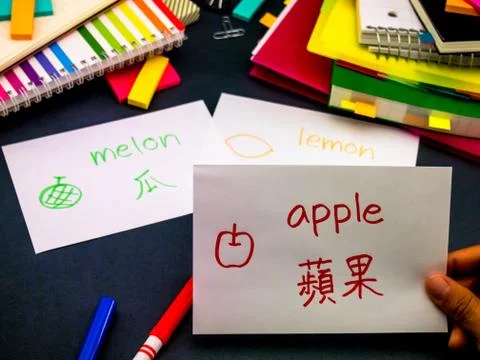 Learning New Language Making Original Flash Cards; Mandarin Stock Photos