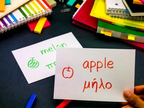 Learning New Language Making Original Flash Cards; Greek Stock Photos