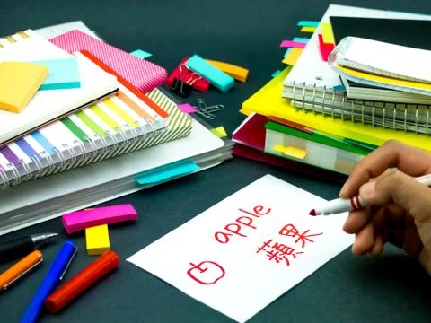 Learning New Language Making Original Flash Cards; Mandarin Stock Photos