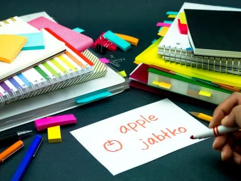 Learning New Language Making Original Flash Cards; Polish Stock Photos
