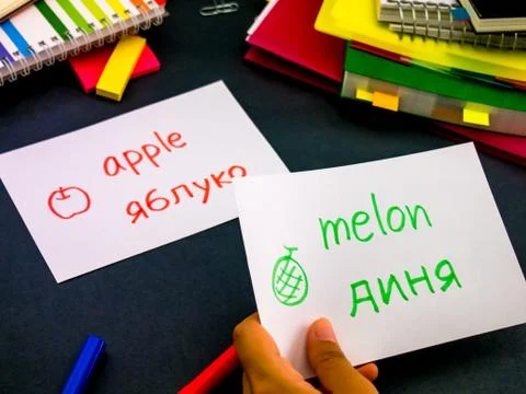 Learning New Language Making Original Flash Cards; Ukrainian Stock Photos