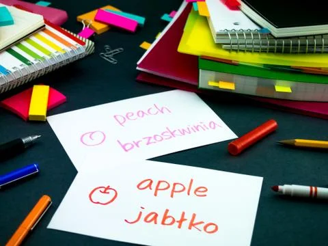 Learning New Language Making Original Flash Cards; Polish Stock Photos