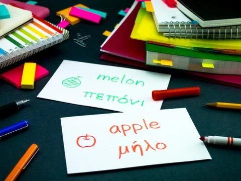 Learning New Language Making Original Flash Cards; Greek Stock Photos