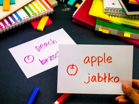 Learning New Language Making Original Flash Cards; Polish Stock Photos