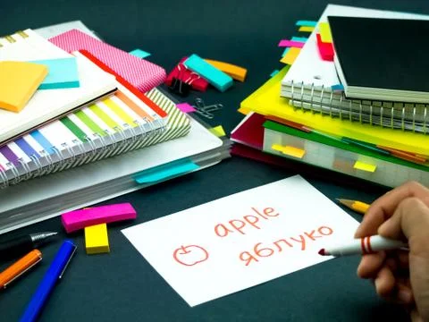 Learning New Language Making Original Flash Cards; Ukrainian Stock Photos