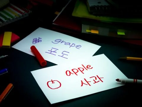 Learning New Language Making Original Flash Cards; Korean Stock Photos