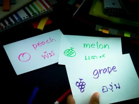 Learning New Language Making Original Flash Cards; Thai Foto stock