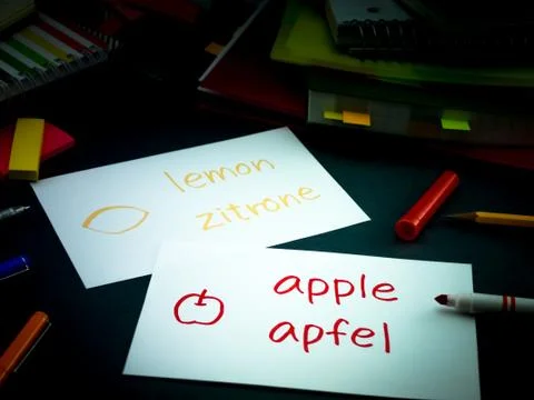 Learning New Language Making Original Flash Cards; German Stock Photos