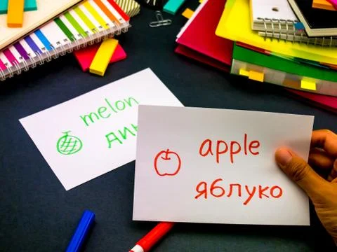Learning New Language Making Original Flash Cards; Ukrainian Stock Photos