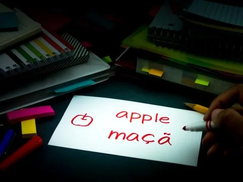 Learning New Language Making Original Flash Cards; Portuguese Stock Photos