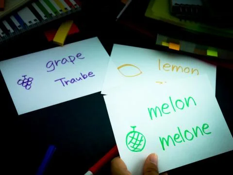 Learning New Language Making Original Flash Cards; German Stock Photos