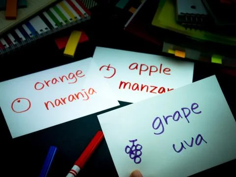 Learning New Language Making Original Flash Cards; Spanish Stock Photos