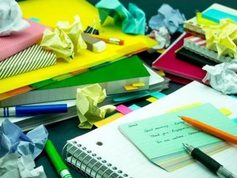 Learning New Language Writing Words Many Times on the Notebook; Greek Stock Photos