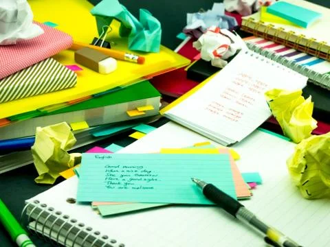 Learning New Language Writing Words Many Times on the Notebook; English Stock Photos