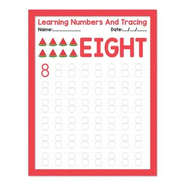 Learning Number Eight And Tracing Fruits Watermelon Stock Illustration
