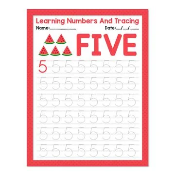 Learning Number Five And Tracing Fruits Watermelon Stock Illustration