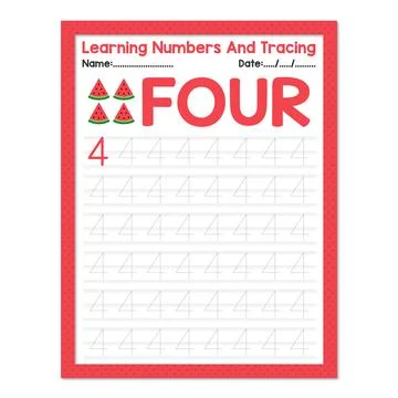 Learning Number Four And Tracing Fruits Watermelon Stock Illustration