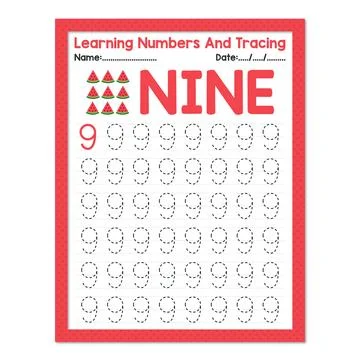 Learning Number Nine And Tracing Fruits Watermelon Stock Illustration