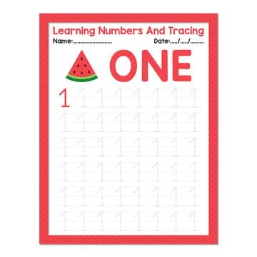 Learning Number One And Tracing Fruits Watermelon Stock Illustration