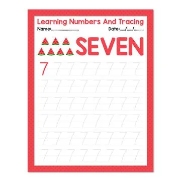Learning Number Seven And Tracing Fruits Watermelon Stock Illustration