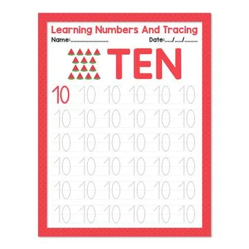 Learning Number Ten And Tracing Fruits Watermelon Stock Illustration