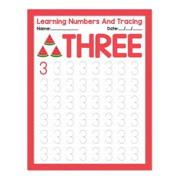 Learning Number Three And Tracing Fruits Watermelon Stock Illustration