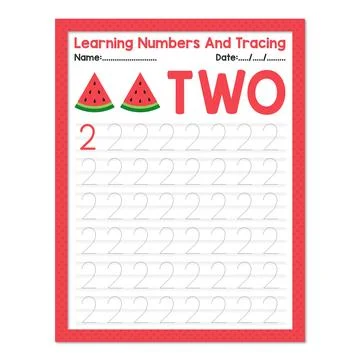 Learning Number Two And Tracing Fruits Watermelon Stock Illustration