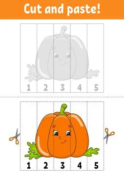Learning numbers 1-5. Cut and glue. Pumpkin character. Education developing w Stock Illustration