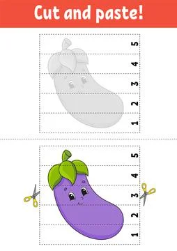 Learning numbers 1-5. Cut and glue. Eggplant character. Education developing  Illustrazione stock
