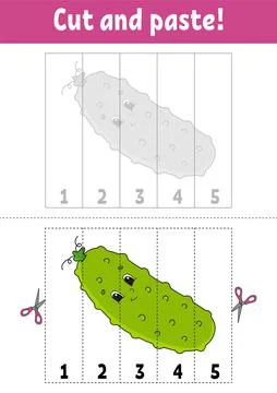 Learning numbers 1-5. Cut and glue. Cucumber character. Education developing  Stock Illustration