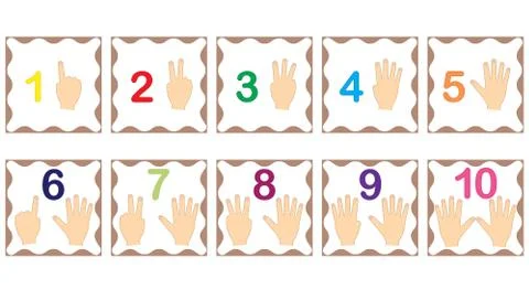 Learning numbers, mathematics with fingers of hand. Flash cards with numbers Stockillustratie