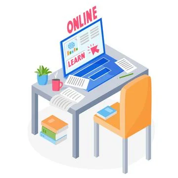 Learning online concept. Laptop, papers, books on table with chair. Studying 스톡 일러스트