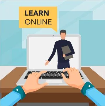 Learning online concept for online school. Vector laptop on blue background Stock Illustration