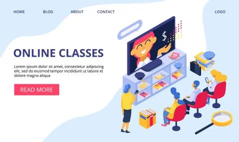 Learning online, group classes for studying people vector illustration website Illustrazione stock