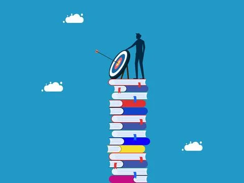 Learning or education goals. man with target standing on high pile of books Stock Illustration