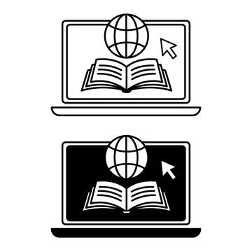 Learning Platform Icons. Black and White Vector Icons. Laptop, Open Book, a.. Ilustración de archivo