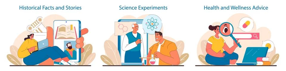 Learning Portal set. Exploring history, conducting science, promoting health. Stock Illustration
