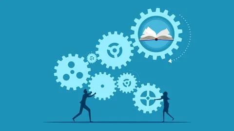 Learning process. Business men and women connect mechanisms and books イラスト素材