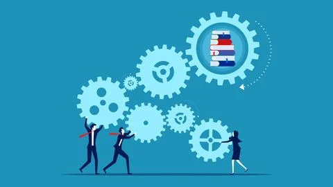 Learning process. Business team connecting gear mechanism and tiger skin pile Stock-Illustration