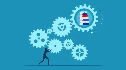 Learning process. Businessman connect gear mechanism and tiger skin pile Illustrazione stock