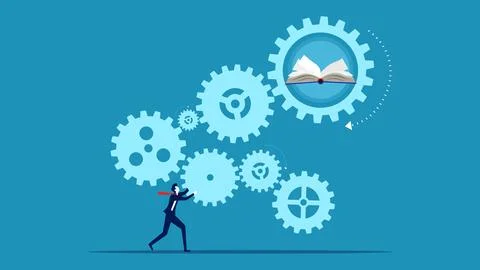Learning process. Businessman connecting mechanisms and books Stock Illustration