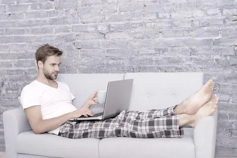 Learning Process. buy things and shopping online. man use computer Stock Photos