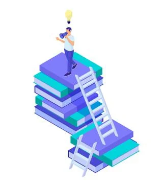 Learning process isometric concept. Character climbed stairs from books to top Stock Illustration