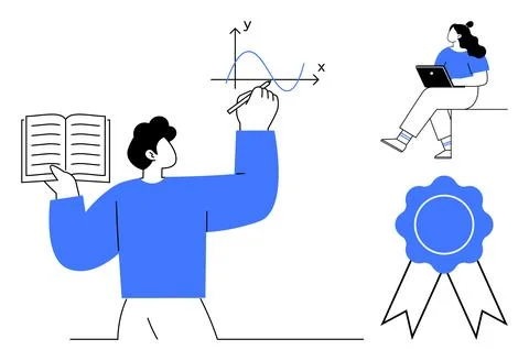 Learning Process with Teacher Explaining Graph and Student Using Laptop alo.. Stock Illustration