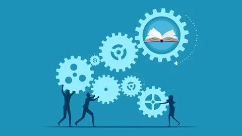 Learning process. Team of business people connecting mechanisms and books Stock Illustration