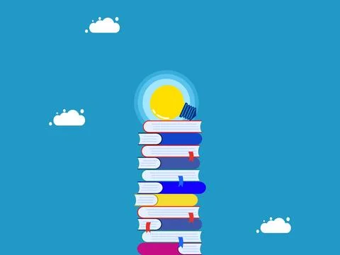 Learning produces wisdom. The light bulb is on a high pile of books Illustrazione stock
