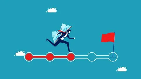 Learning progress and goals. businessman with books running on progress bar Illustrazione stock