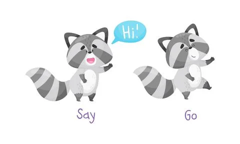 Learning say and go verbs of action set. Cute cat saying and walking Stock Illustration