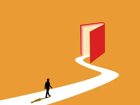 Learning, seeking knowledge. Businessman walks to the book of wisdom 스톡 일러스트